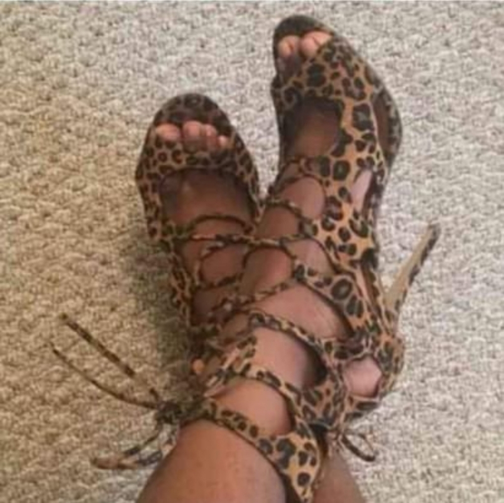 Breckelles Roma-61 Lace-Up Gladiator Peep Toe High Heel: (1) Leopard & Blue~5.5 - Picture 5 of 10